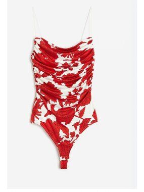 H&M One Piece Swimsuit Womens S Red White Floral Ruched Bathing Suit NWT